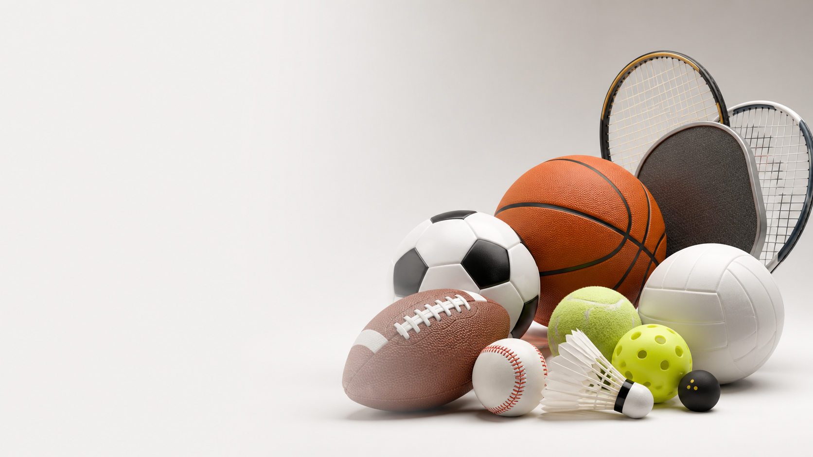 Assorted sports equipment including basketball, soccer ball, football, racket sports balls, and a shuttlecock
